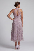 Laden Sie das Bild in den Galerie-Viewer, Flieder A-Linie Halter Besticktes Midi Mutter der Braut Kleid