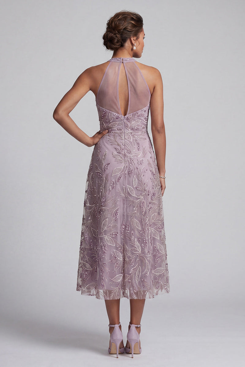Laden Sie das Bild in den Galerie-Viewer, Flieder A-Linie Halter Besticktes Midi Mutter der Braut Kleid