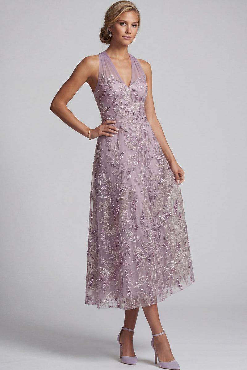 Laden Sie das Bild in den Galerie-Viewer, Flieder A-Linie Halter Besticktes Midi Mutter der Braut Kleid