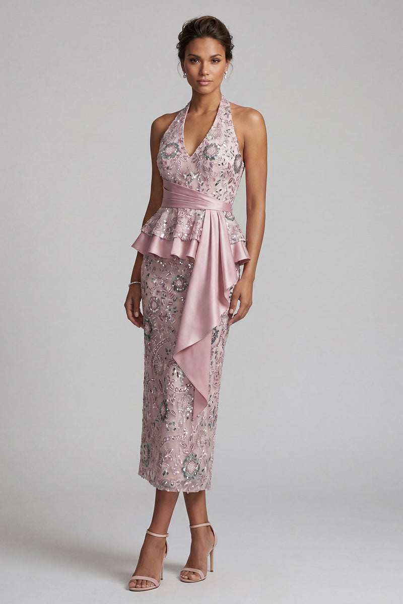 Laden Sie das Bild in den Galerie-Viewer, Hellrosa Scheiden Halter Midi Mutter der Braut Kleid mit Perlenbestickung