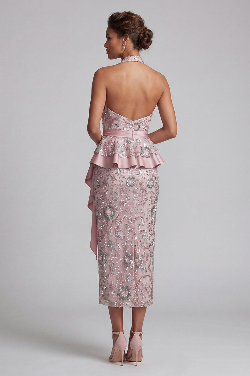 Laden Sie das Bild in den Galerie-Viewer, Hellrosa Scheiden Halter Midi Mutter der Braut Kleid mit Perlenbestickung