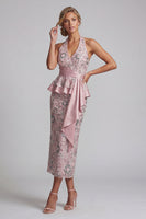 Laden Sie das Bild in den Galerie-Viewer, Hellrosa Scheiden Halter Midi Mutter der Braut Kleid mit Perlenbestickung