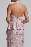 Laden Sie das Bild in den Galerie-Viewer, Hellrosa Scheiden Halter Midi Mutter der Braut Kleid mit Perlenbestickung