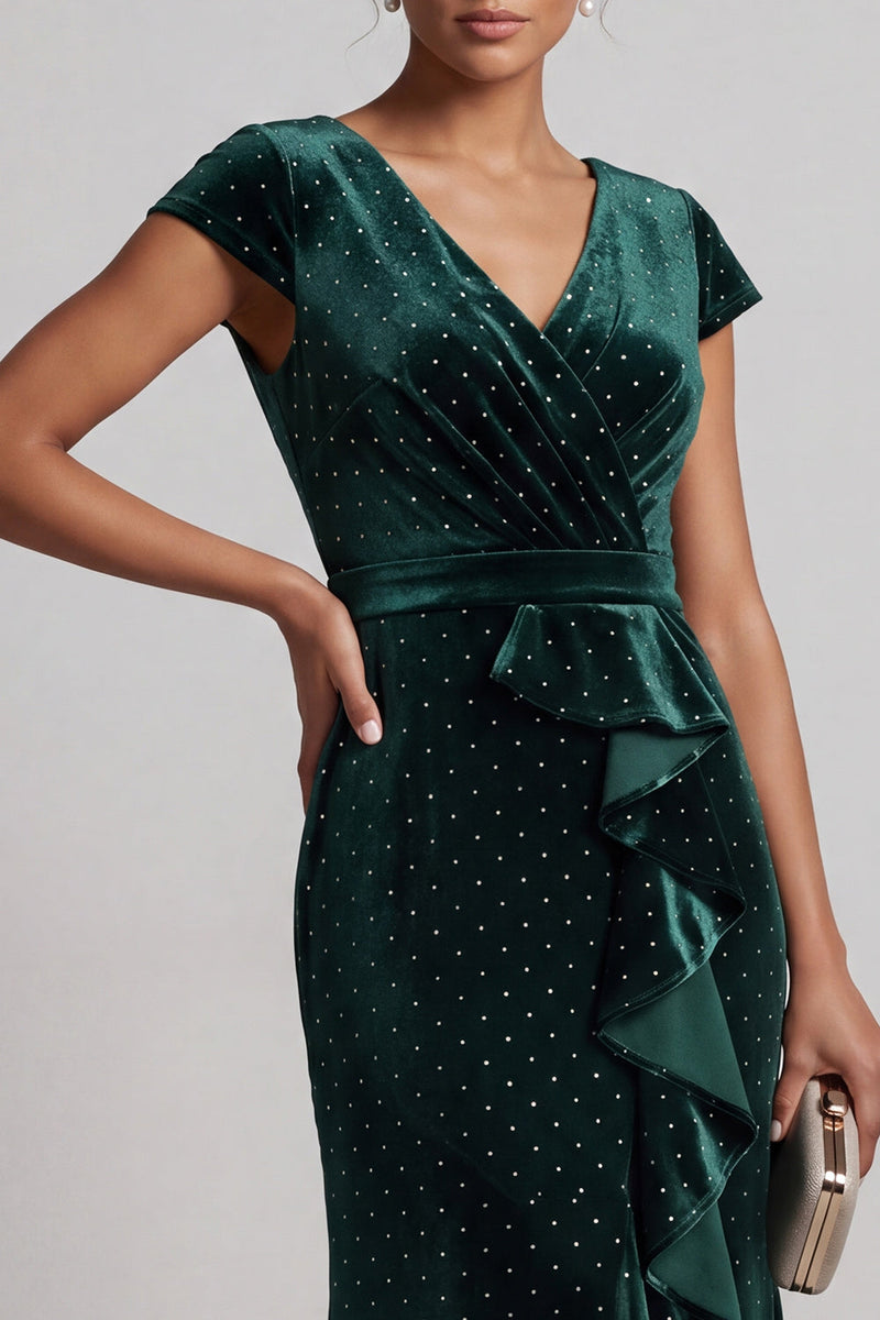 Laden Sie das Bild in den Galerie-Viewer, Dunkelgrünes Mützenärmel Perlen Asymmetrisches Meerjungfrauen Mutter der Braut Kleid mit Rüschenschlitz