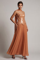 Laden Sie das Bild in den Galerie-Viewer, Bronzer Pailletten Chiffon Trägerloses Knöchellanges Mutter der Braut Kleid mit Drapierung