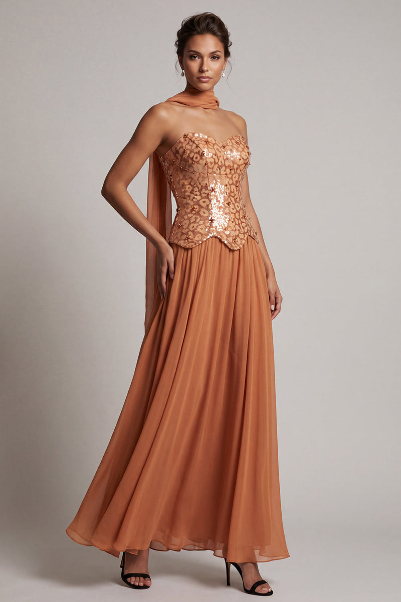 Laden Sie das Bild in den Galerie-Viewer, Bronzer Pailletten Chiffon Trägerloses Knöchellanges Mutter der Braut Kleid mit Drapierung