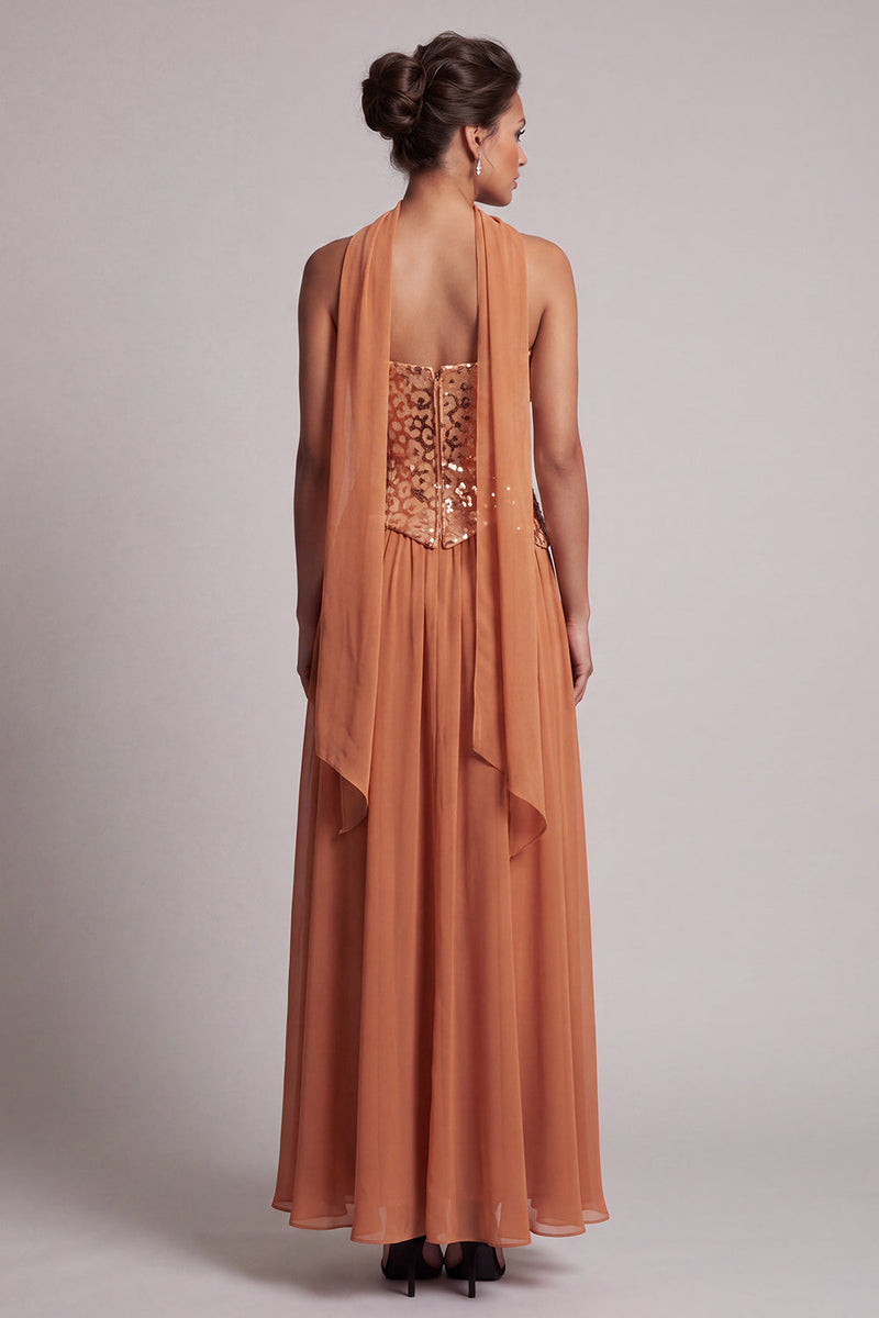 Laden Sie das Bild in den Galerie-Viewer, Bronzer Pailletten Chiffon Trägerloses Knöchellanges Mutter der Braut Kleid mit Drapierung