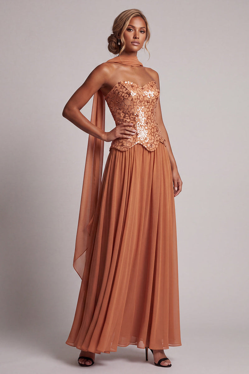 Laden Sie das Bild in den Galerie-Viewer, Bronzer Pailletten Chiffon Trägerloses Knöchellanges Mutter der Braut Kleid mit Drapierung