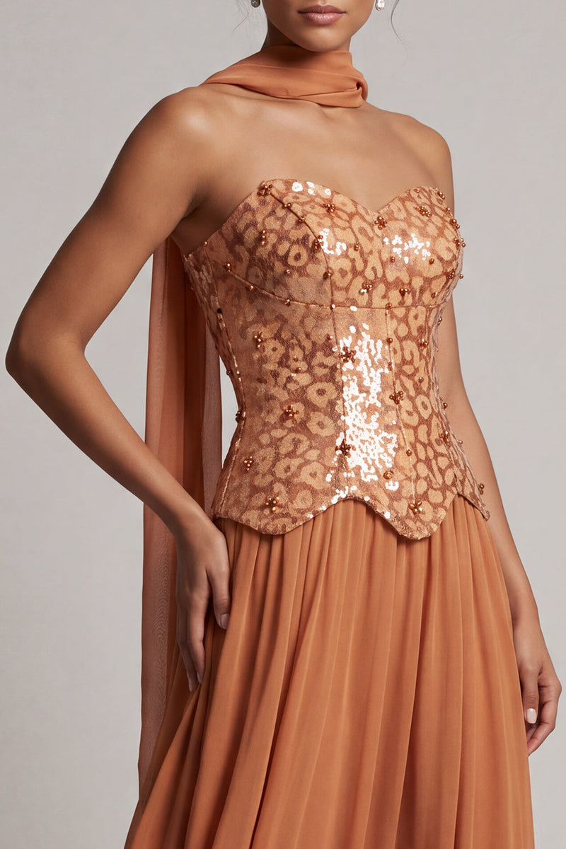Laden Sie das Bild in den Galerie-Viewer, Bronzer Pailletten Chiffon Trägerloses Knöchellanges Mutter der Braut Kleid mit Drapierung