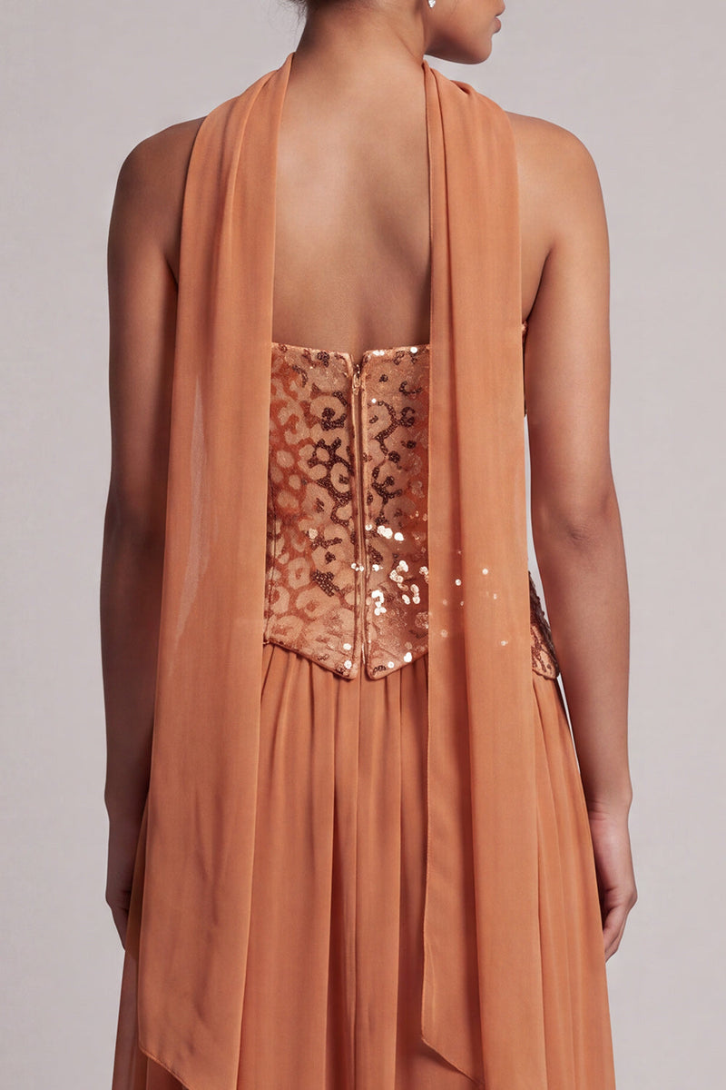 Laden Sie das Bild in den Galerie-Viewer, Bronzer Pailletten Chiffon Trägerloses Knöchellanges Mutter der Braut Kleid mit Drapierung