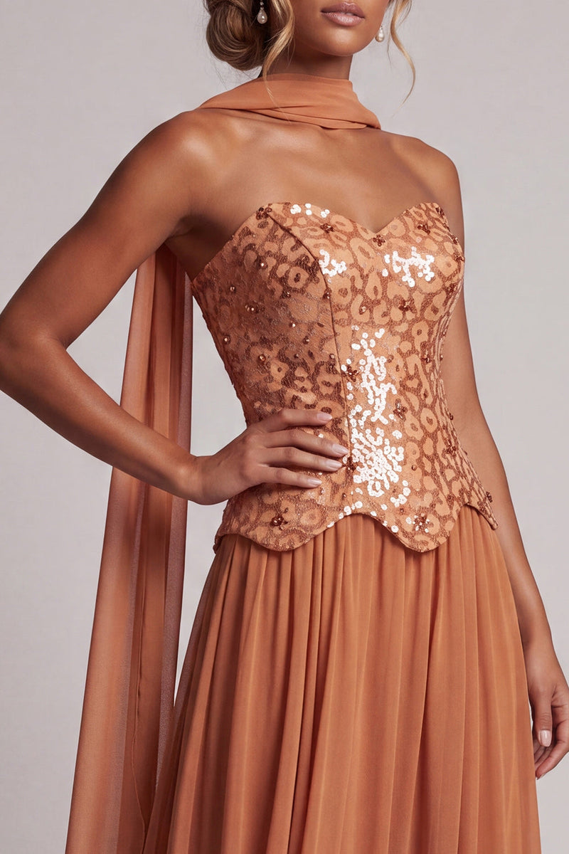 Laden Sie das Bild in den Galerie-Viewer, Bronzer Pailletten Chiffon Trägerloses Knöchellanges Mutter der Braut Kleid mit Drapierung