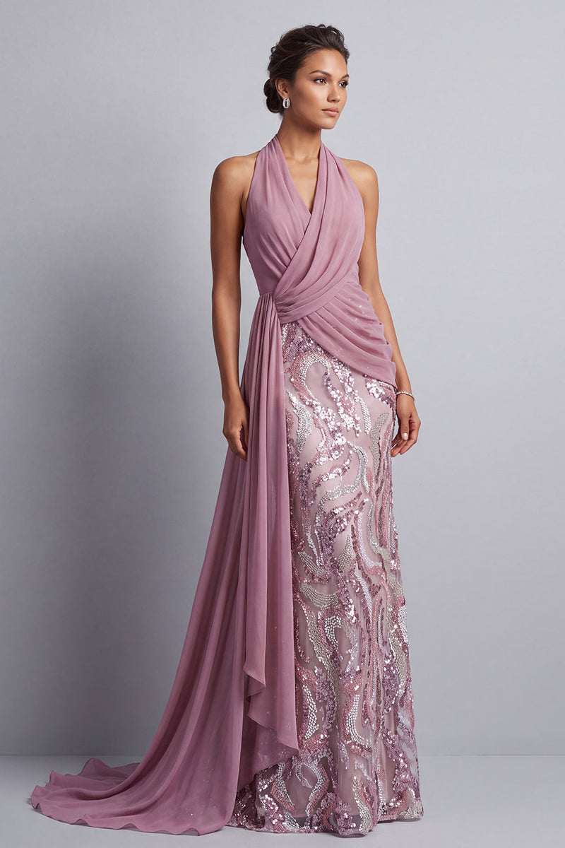Laden Sie das Bild in den Galerie-Viewer, Wisteria Chiffon Neckholderhals Pailletten Gerafftes Meerjungfrauen Mutter der Braut Kleid mit Draping