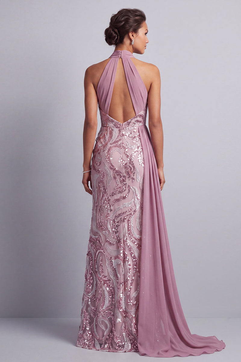 Laden Sie das Bild in den Galerie-Viewer, Wisteria Chiffon Neckholderhals Pailletten Gerafftes Meerjungfrauen Mutter der Braut Kleid mit Draping