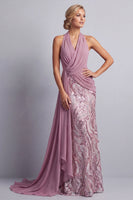 Laden Sie das Bild in den Galerie-Viewer, Wisteria Chiffon Neckholderhals Pailletten Gerafftes Meerjungfrauen Mutter der Braut Kleid mit Draping