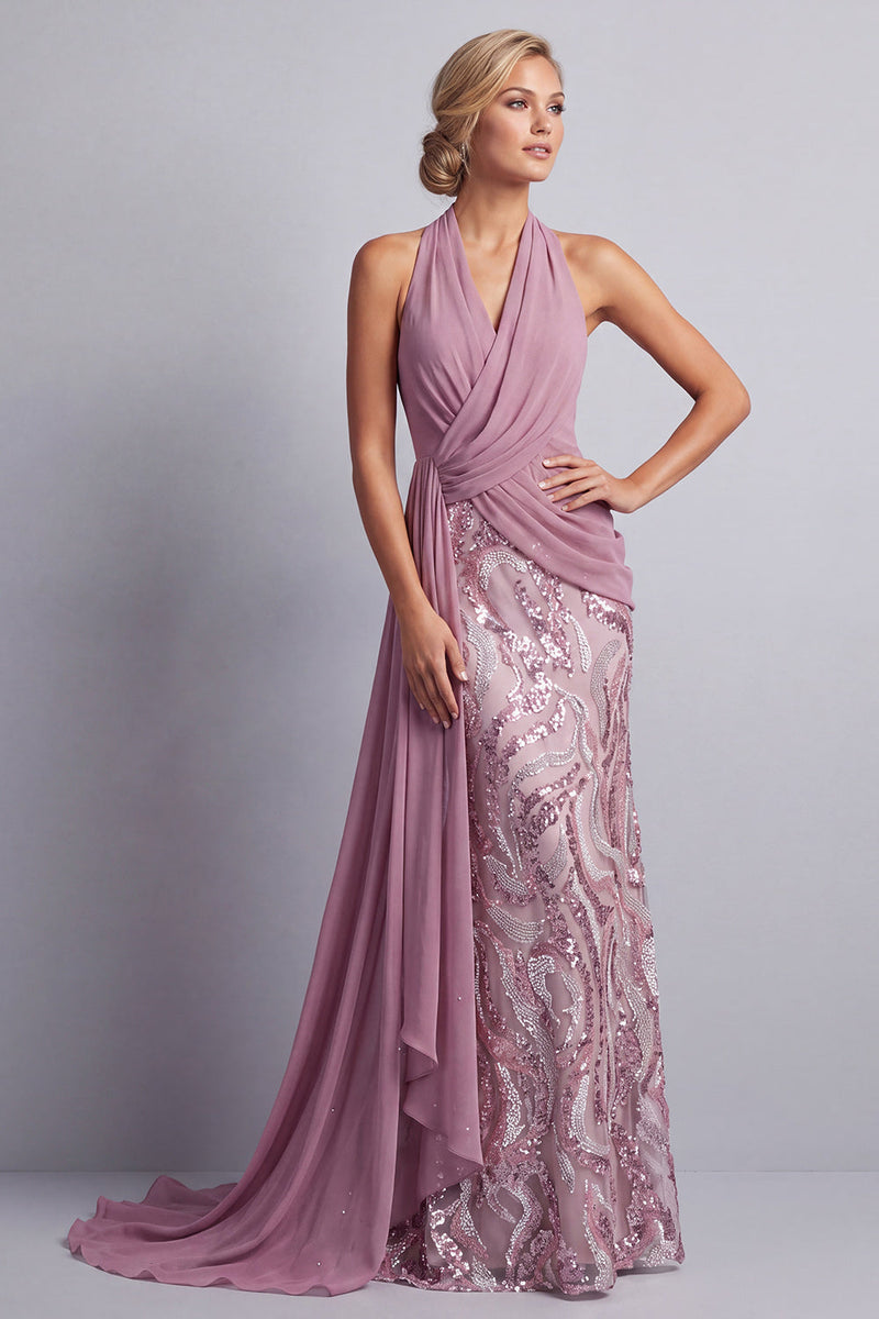 Laden Sie das Bild in den Galerie-Viewer, Wisteria Chiffon Neckholderhals Pailletten Gerafftes Meerjungfrauen Mutter der Braut Kleid mit Draping