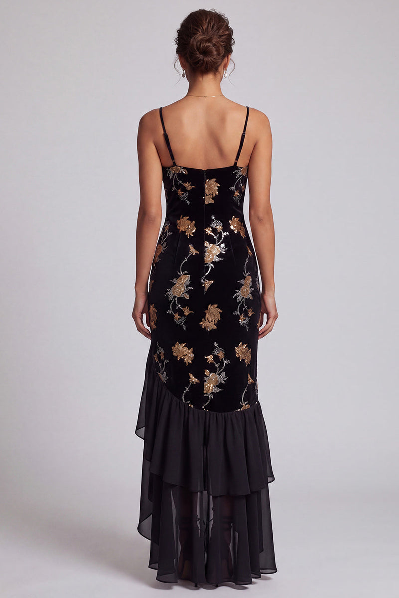 Laden Sie das Bild in den Galerie-Viewer, Schwarzes Samt Blumenstickerei Pailletten Asymmetrische A-Linie Mutter der Braut Kleid mit Rüschenschlitz
