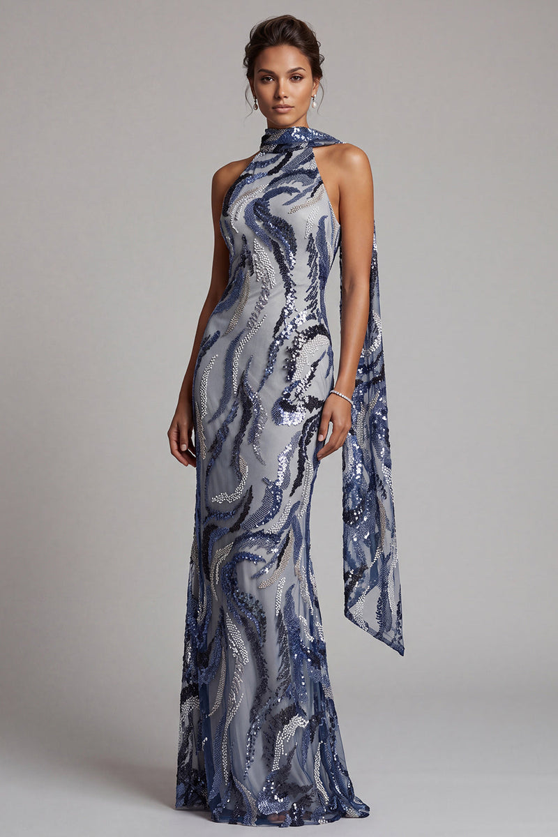 Laden Sie das Bild in den Galerie-Viewer, Marineblaues Pailletten Meerjungfrauen Langes Mutter der Braut Kleid mit Perlenbestickten