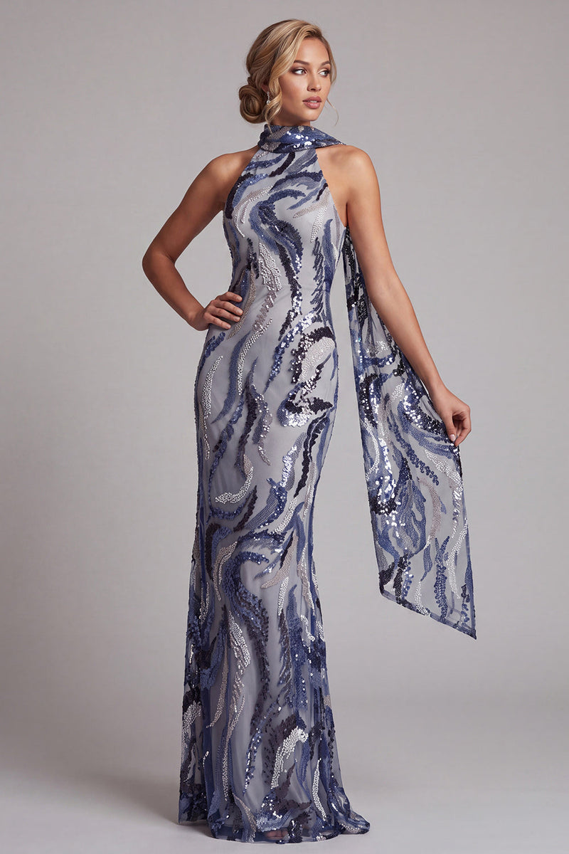Laden Sie das Bild in den Galerie-Viewer, Marineblaues Pailletten Meerjungfrauen Langes Mutter der Braut Kleid mit Perlenbestickten