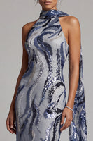 Laden Sie das Bild in den Galerie-Viewer, Marineblaues Pailletten Meerjungfrauen Langes Mutter der Braut Kleid mit Perlenbestickten
