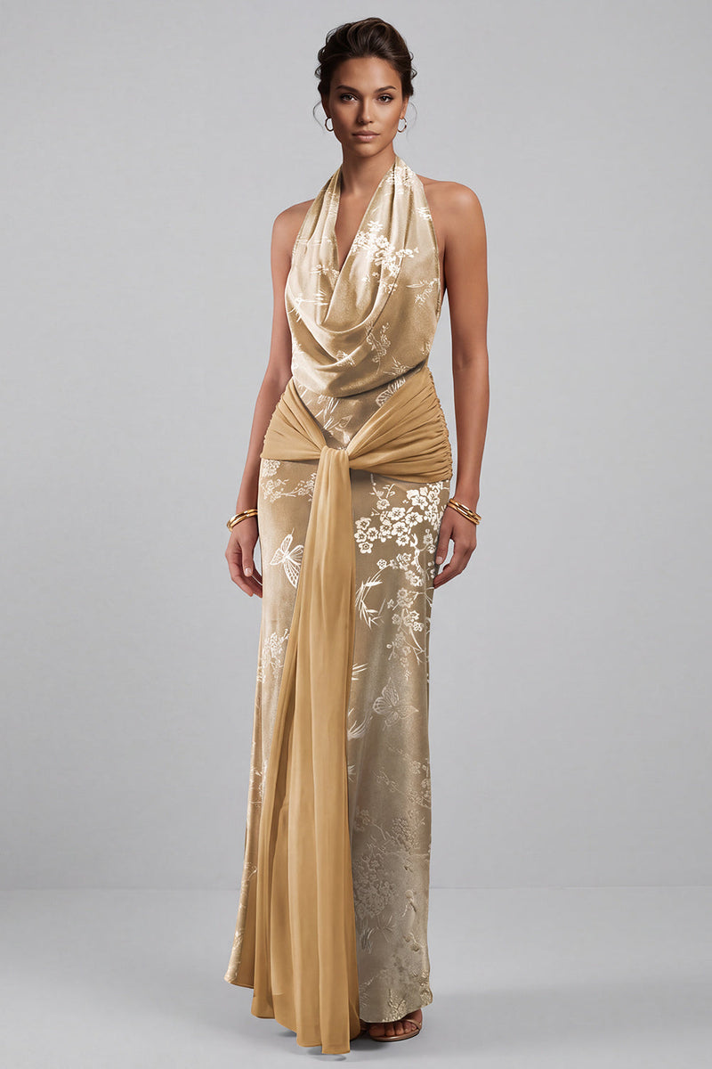 Laden Sie das Bild in den Galerie-Viewer, Champagner Samt Neckholder Blumen Jacquard Scheide Langes Mutter der Braut Kleid mit Schärpe