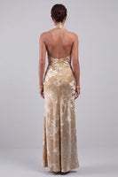 Laden Sie das Bild in den Galerie-Viewer, Champagner Samt Neckholder Blumen Jacquard Scheide Langes Mutter der Braut Kleid mit Schärpe