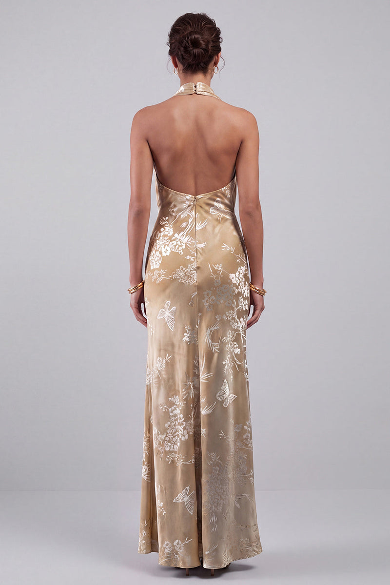 Laden Sie das Bild in den Galerie-Viewer, Champagner Samt Neckholder Blumen Jacquard Scheide Langes Mutter der Braut Kleid mit Schärpe