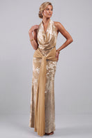 Laden Sie das Bild in den Galerie-Viewer, Champagner Samt Neckholder Blumen Jacquard Scheide Langes Mutter der Braut Kleid mit Schärpe