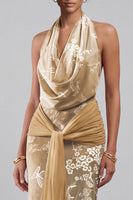 Laden Sie das Bild in den Galerie-Viewer, Champagner Samt Neckholder Blumen Jacquard Scheide Langes Mutter der Braut Kleid mit Schärpe
