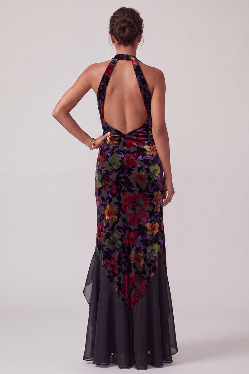 Laden Sie das Bild in den Galerie-Viewer, Schwarzes Samt Neckholder Gerafftes Scheide Langes Mutter der Braut Kleid mit Rüschenschlitz
