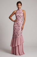 Laden Sie das Bild in den Galerie-Viewer, Vintage Mauve Rüschen Pailletten Rückenloses Scheide Langes Mutter der Braut Kleid