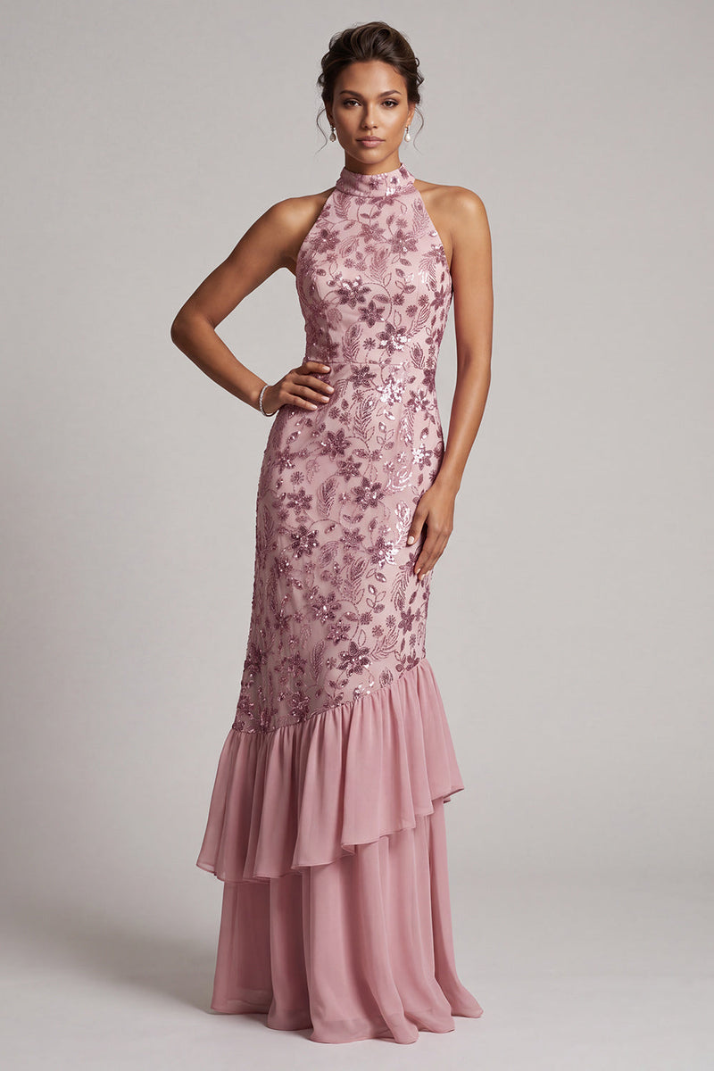 Laden Sie das Bild in den Galerie-Viewer, Vintage Mauve Rüschen Pailletten Rückenloses Scheide Langes Mutter der Braut Kleid