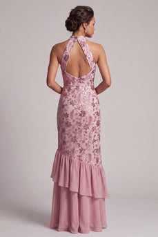 Vintage Mauve Rüschen Pailletten Rückenloses Scheide Langes Mutter der Braut Kleid