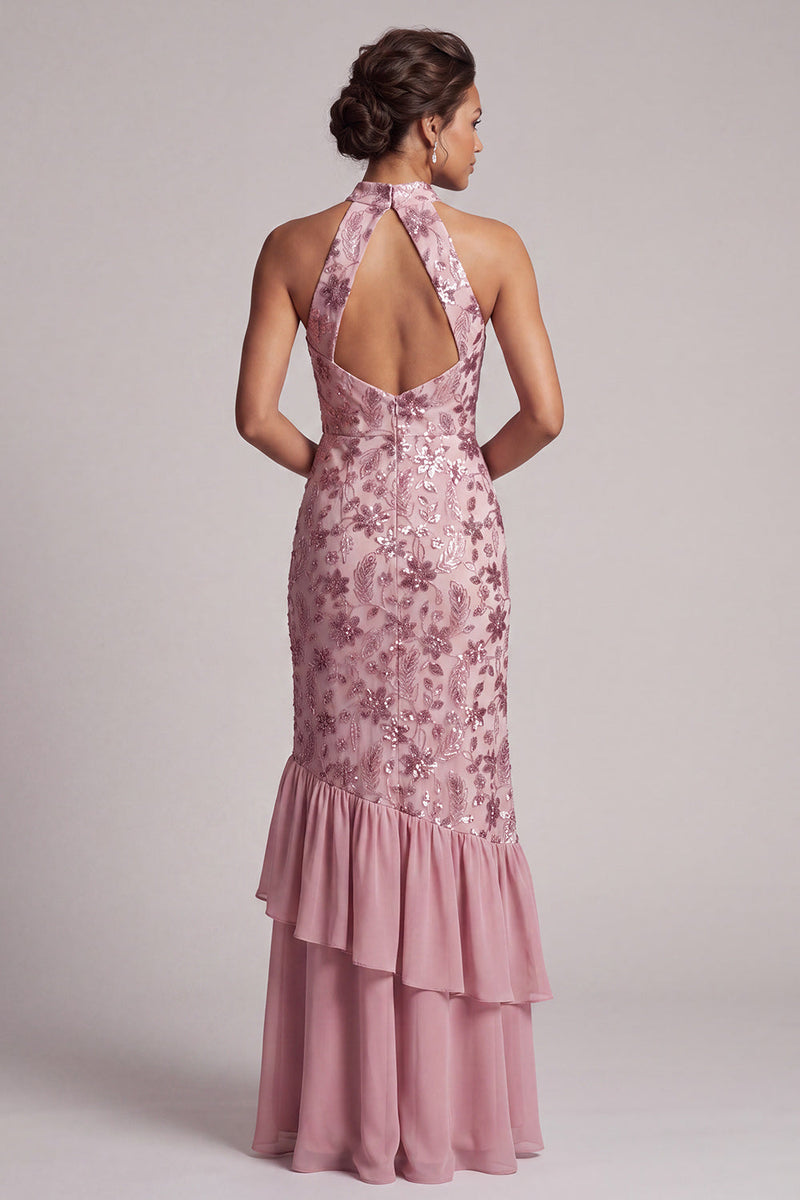 Laden Sie das Bild in den Galerie-Viewer, Vintage Mauve Rüschen Pailletten Rückenloses Scheide Langes Mutter der Braut Kleid