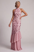 Laden Sie das Bild in den Galerie-Viewer, Vintage Mauve Rüschen Pailletten Rückenloses Scheide Langes Mutter der Braut Kleid