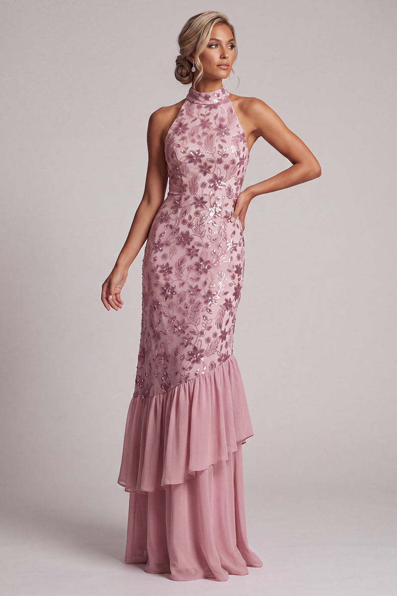 Laden Sie das Bild in den Galerie-Viewer, Vintage Mauve Rüschen Pailletten Rückenloses Scheide Langes Mutter der Braut Kleid