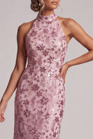 Laden Sie das Bild in den Galerie-Viewer, Vintage Mauve Rüschen Pailletten Rückenloses Scheide Langes Mutter der Braut Kleid