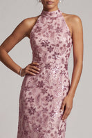 Laden Sie das Bild in den Galerie-Viewer, Vintage Mauve Rüschen Pailletten Rückenloses Scheide Langes Mutter der Braut Kleid