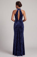 Laden Sie das Bild in den Galerie-Viewer, Dunkelblaues Samt Meerjungfrauen Langes Mutter der Braut Kleid mit hohem Hals