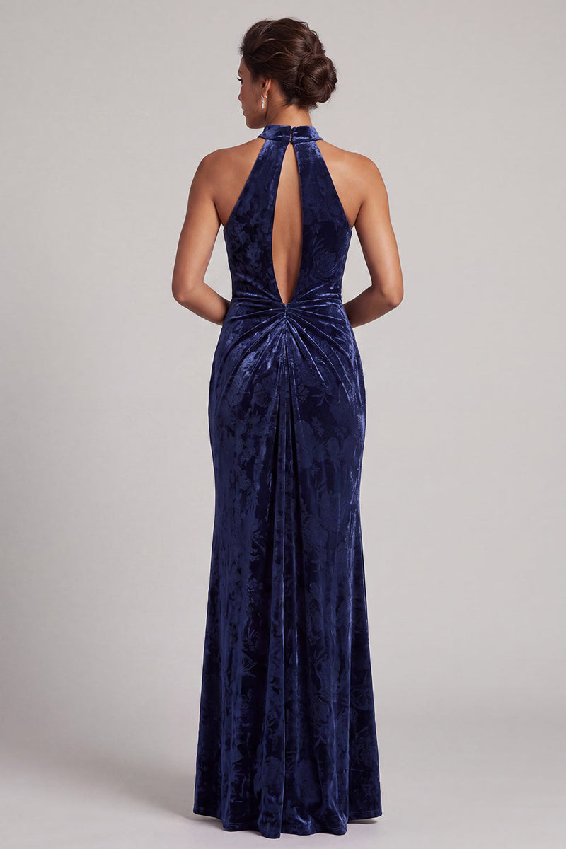 Laden Sie das Bild in den Galerie-Viewer, Dunkelblaues Samt Meerjungfrauen Langes Mutter der Braut Kleid mit hohem Hals