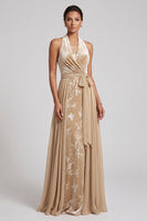 Laden Sie das Bild in den Galerie-Viewer, Champagner Samt Neckholder Gerafftes Jacquard Langes Mutter der Braut Kleid mit Schärpe