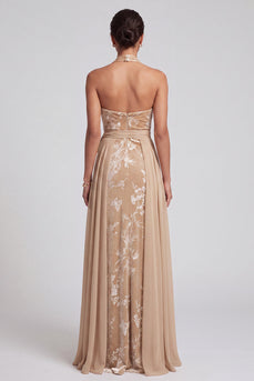 Champagner Samt Neckholder Gerafftes Jacquard Langes Mutter der Braut Kleid mit Schärpe