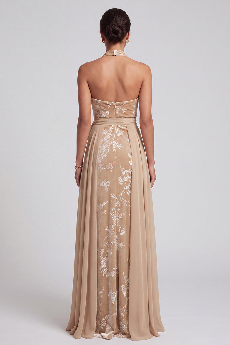 Laden Sie das Bild in den Galerie-Viewer, Champagner Samt Neckholder Gerafftes Jacquard Langes Mutter der Braut Kleid mit Schärpe