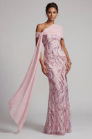 Laden Sie das Bild in den Galerie-Viewer, Glitzerndes Rosa Pailletten Eine Schulter Meerjungfrau Langes Mutter der Braut Kleid mit Perlen