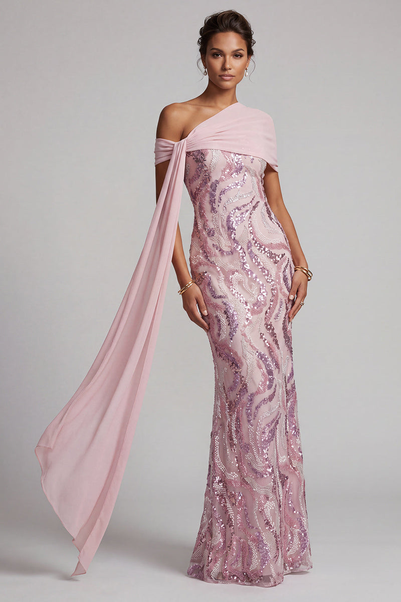 Laden Sie das Bild in den Galerie-Viewer, Glitzerndes Rosa Pailletten Eine Schulter Meerjungfrau Langes Mutter der Braut Kleid mit Perlen