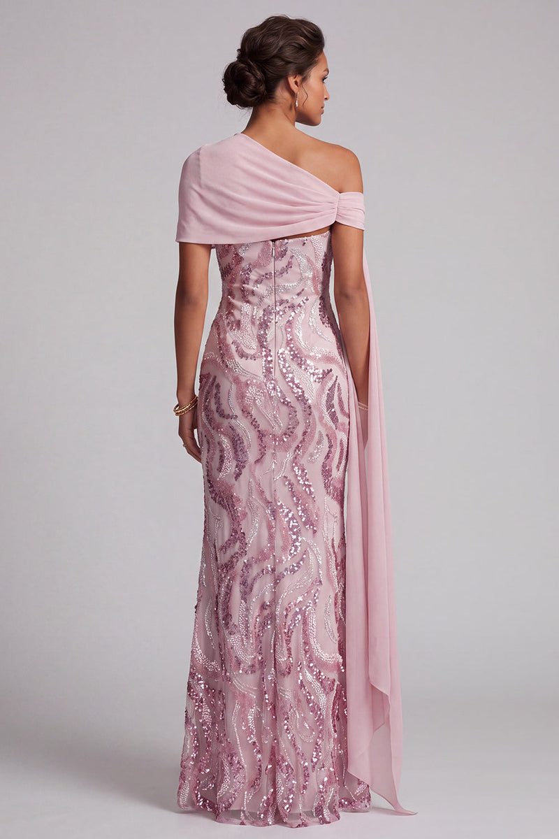 Laden Sie das Bild in den Galerie-Viewer, Glitzerndes Rosa Pailletten Eine Schulter Meerjungfrau Langes Mutter der Braut Kleid mit Perlen