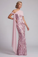 Laden Sie das Bild in den Galerie-Viewer, Glitzerndes Rosa Pailletten Eine Schulter Meerjungfrau Langes Mutter der Braut Kleid mit Perlen