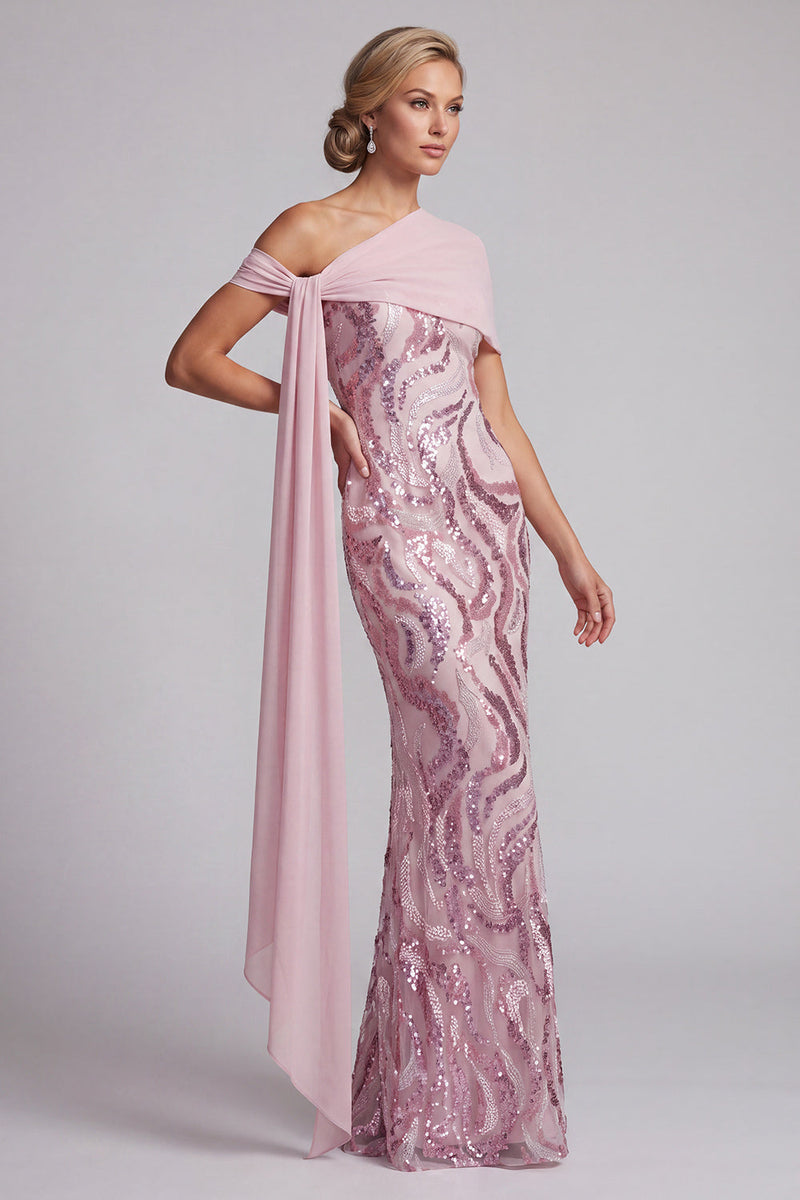 Laden Sie das Bild in den Galerie-Viewer, Glitzerndes Rosa Pailletten Eine Schulter Meerjungfrau Langes Mutter der Braut Kleid mit Perlen