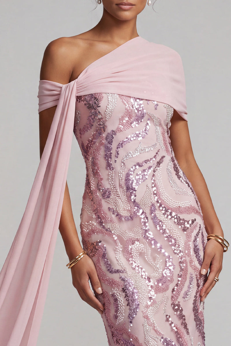 Laden Sie das Bild in den Galerie-Viewer, Glitzerndes Rosa Pailletten Eine Schulter Meerjungfrau Langes Mutter der Braut Kleid mit Perlen