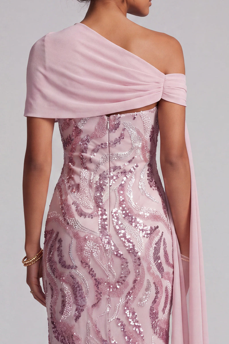 Laden Sie das Bild in den Galerie-Viewer, Glitzerndes Rosa Pailletten Eine Schulter Meerjungfrau Langes Mutter der Braut Kleid mit Perlen
