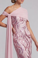 Laden Sie das Bild in den Galerie-Viewer, Glitzerndes Rosa Pailletten Eine Schulter Meerjungfrau Langes Mutter der Braut Kleid mit Perlen